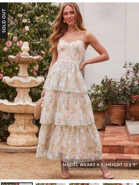 Vici Blush Maxi Dress with Pastel Blue Floral Embroidery